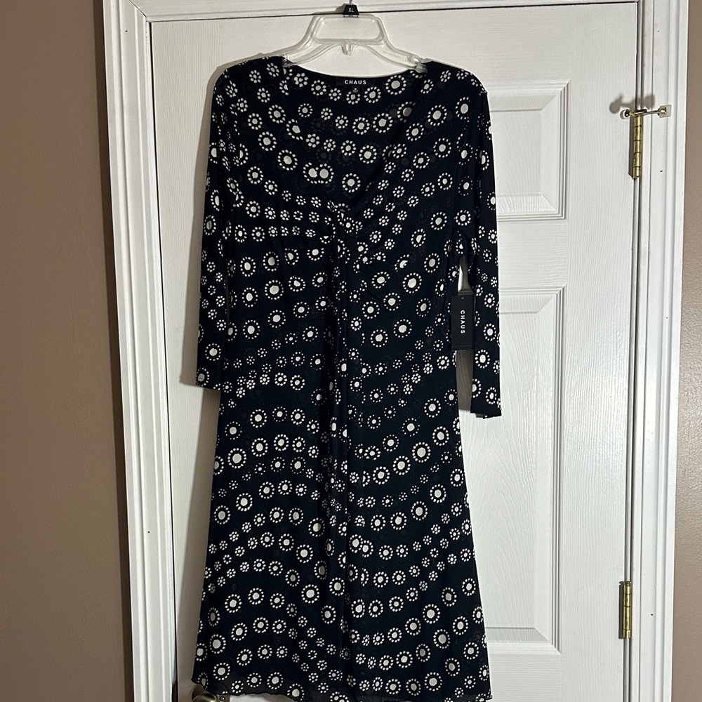 Chaus Black Swim Cover Up with White Circular Print Long Sleeve